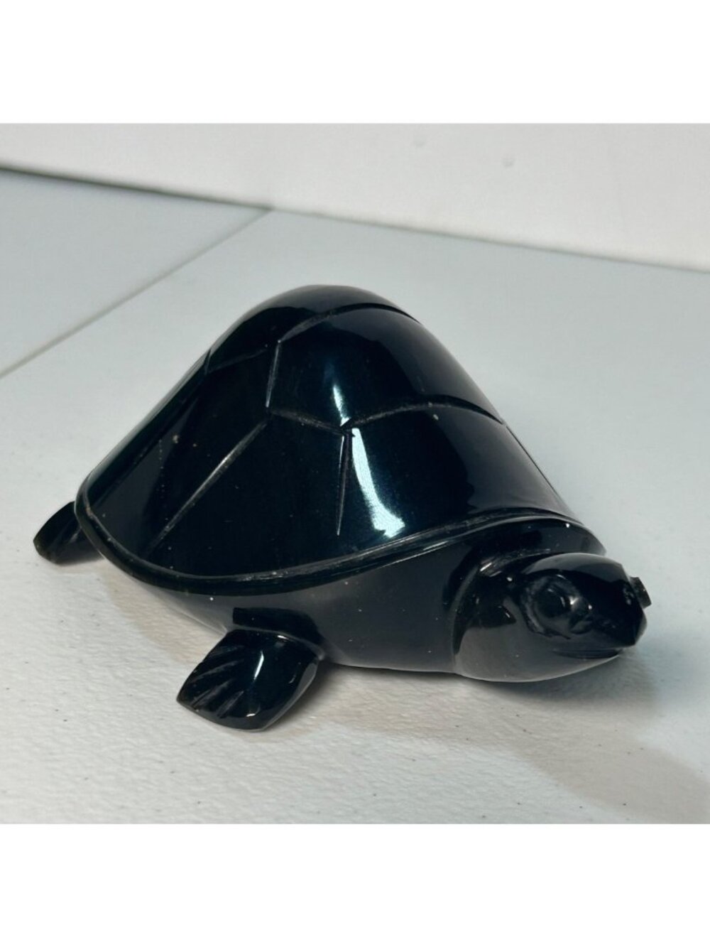 Vintage Carved Black Onyx Obsidian Green Tone Turtle Figurine Paperweight 5"x3"